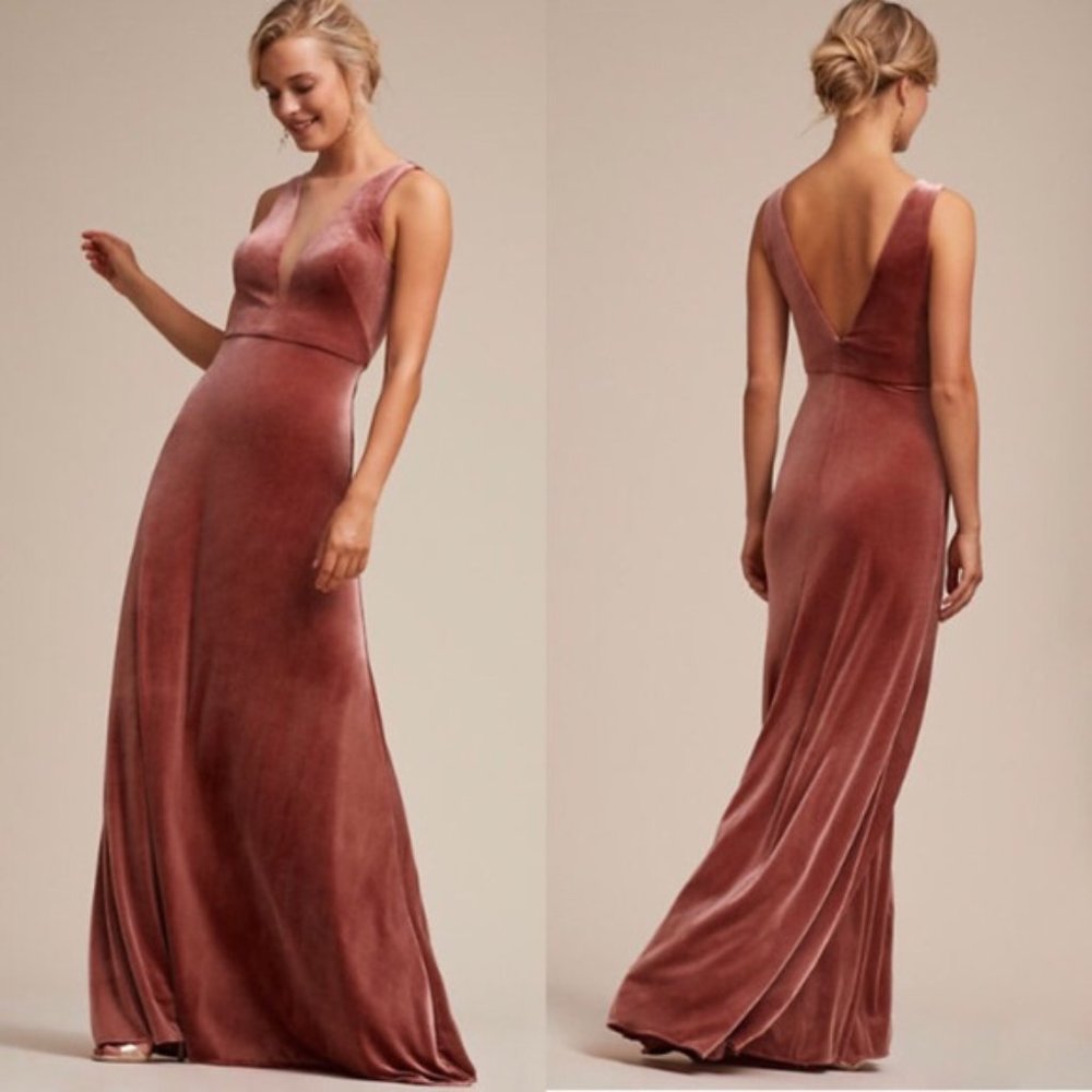 Jenny Yoo Logan Velvet Maxi Dress in English Rose, sz. 2